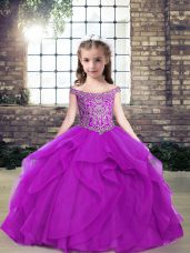 Popular Beading and Ruffles Little Girl Pageant Dress Purple Lace Up Sleeveless Floor Length