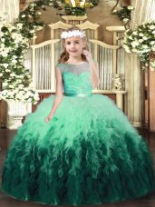 Custom Designed Multi-color Tulle Backless Scoop Sleeveless Floor Length Little Girls Pageant Dress Wholesale Lace and Ruffles