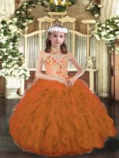 Great Floor Length Lace Up Pageant Dress for Girls Orange for Party and Wedding Party with Appliques and Ruffles