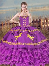 Sleeveless Embroidery and Ruffled Layers Lace Up Sweet 16 Dresses with Purple