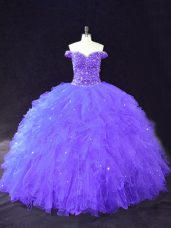 Deluxe Purple Off The Shoulder Neckline Beading Quinceanera Dress Sleeveless Lace Up