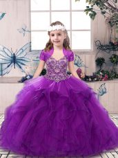 Most Popular Purple Ball Gowns Tulle Straps Sleeveless Beading and Ruffles Floor Length Lace Up Little Girls Pageant Dress Wholesale