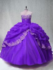 Beading and Appliques and Pick Ups Quinceanera Dresses Purple Lace Up Sleeveless Floor Length