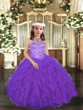 Purple Lace Up Pageant Dress for Teens Beading and Ruffles Sleeveless Floor Length