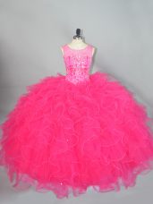 Hot Pink Ball Gowns Organza Scoop Sleeveless Beading and Ruffles Floor Length Lace Up Quince Ball Gowns