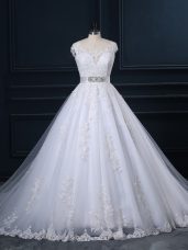 Scoop Sleeveless Wedding Gown Court Train Beading and Lace White Tulle
