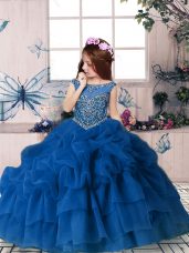 Blue Sleeveless Beading and Pick Ups Floor Length Pageant Dress for Girls