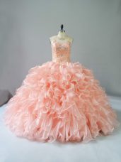 Peach Quinceanera Dress Sweet 16 and Quinceanera with Beading and Ruffles Scoop Sleeveless Lace Up