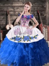 Ball Gowns Ball Gown Prom Dress Blue And White Off The Shoulder Satin and Organza Sleeveless Floor Length Lace Up