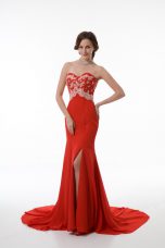 High End Brush Train Mermaid Prom Evening Gown Red Sweetheart Chiffon Sleeveless Zipper