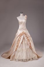 Stunning Sleeveless Embroidery and Hand Made Flower Lace Up Sweet 16 Dresses with Champagne Brush Train