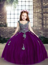 Admirable Purple Ball Gowns Appliques Evening Gowns Lace Up Tulle Sleeveless Floor Length