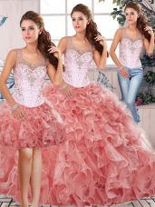 Affordable Three Pieces 15 Quinceanera Dress Watermelon Red Scoop Organza Sleeveless Floor Length Clasp Handle