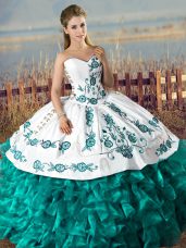 Teal Sleeveless Floor Length Embroidery and Ruffles Lace Up 15th Birthday Dress