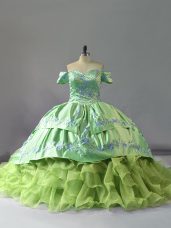 Lovely Yellow Green Sleeveless Chapel Train Embroidery and Ruffles Sweet 16 Dresses