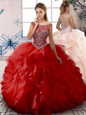 Red Organza Zipper Quinceanera Gown Sleeveless Floor Length Beading and Ruffles