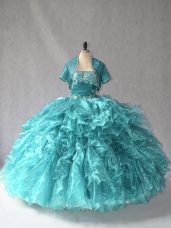 Shining Turquoise Sleeveless Beading Floor Length 15 Quinceanera Dress