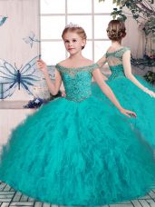 Teal Sleeveless Tulle Lace Up Little Girls Pageant Gowns for Party and Sweet 16 and Wedding Party