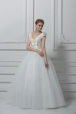 Clearance White Short Sleeves Floor Length Beading and Appliques and Bowknot Lace Up Wedding Gown