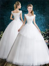 White Wedding Dresses Wedding Party with Lace and Appliques V-neck Sleeveless Lace Up