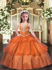 Orange Organza Lace Up Straps Sleeveless Floor Length High School Pageant Dress Ruffled Layers