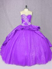 Ideal Purple Lace Up 15th Birthday Dress Beading Sleeveless Court Train