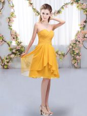 Knee Length Lace Up Bridesmaids Dress Gold for Wedding Party with Ruffles and Ruching