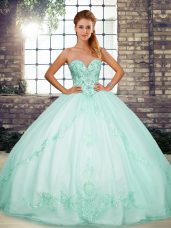 Fancy Sleeveless Floor Length Beading and Embroidery Lace Up Sweet 16 Dresses with Apple Green