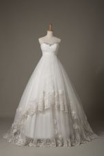 Nice White Sweetheart Lace Up Beading and Lace and Hand Made Flower Wedding Dress Court Train Sleeveless