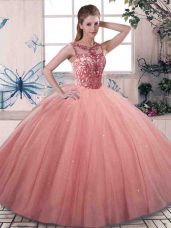 Scoop Sleeveless Quinceanera Dress Floor Length Beading Watermelon Red Tulle