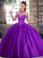 Custom Design Purple Lace Up Quinceanera Dress Beading Sleeveless Brush Train