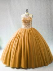 Deluxe Gold Halter Top Lace Up Beading 15th Birthday Dress Brush Train Sleeveless