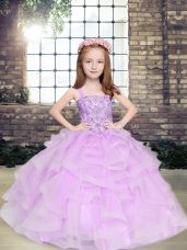 Lavender Straps Neckline Beading and Ruffles Pageant Dress for Teens Sleeveless Lace Up