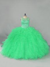 Flare Turquoise Lace Up Quince Ball Gowns Beading and Ruffles Sleeveless Floor Length
