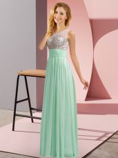 Exceptional Sleeveless Floor Length Beading Side Zipper Dama Dress with Apple Green
