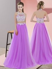 Lovely Sleeveless Floor Length Lace Zipper Damas Dress with Lavender