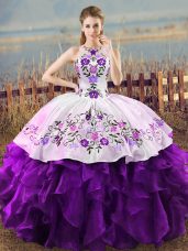 Floor Length White And Purple Quinceanera Dress Organza Sleeveless Embroidery and Ruffles
