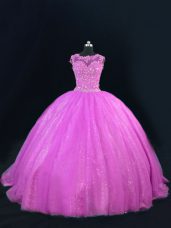 Top Selling Lilac Tulle Lace Up Scoop Sleeveless Floor Length Quinceanera Dress Beading and Lace