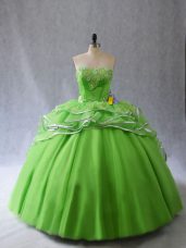 Fantastic Ball Gowns Sweetheart Sleeveless Tulle Brush Train Lace Up Appliques and Ruffles 15th Birthday Dress