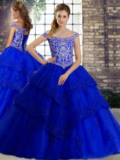 Royal Blue Tulle Lace Up Off The Shoulder Sleeveless Sweet 16 Quinceanera Dress Brush Train Beading and Lace
