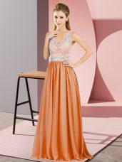 Customized Floor Length Orange V-neck Sleeveless Backless