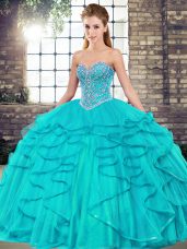 Glorious Aqua Blue Ball Gowns Sweetheart Sleeveless Tulle Floor Length Lace Up Beading and Ruffles Quince Ball Gowns