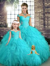 Aqua Blue Ball Gowns Beading and Ruffles Quinceanera Dress Lace Up Tulle Sleeveless Floor Length