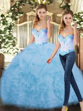 High End Blue Ball Gowns Sweetheart Sleeveless Organza Floor Length Lace Up Beading and Ruffles Quinceanera Dress