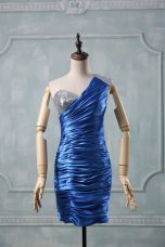 Blue Column/Sheath One Shoulder Sleeveless Taffeta Mini Length Zipper Beading Prom Dress