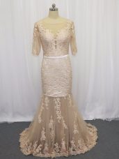Champagne Prom Gown Scoop Half Sleeves Brush Train Backless