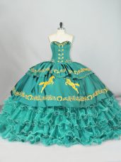 Inexpensive Sweetheart Sleeveless Satin and Organza Sweet 16 Dress Embroidery and Ruffled Layers Brush Train Lace Up