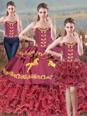 Romantic Burgundy Mermaid Satin and Organza Sweetheart Sleeveless Embroidery and Ruffles Lace Up Vestidos de Quinceanera Brush Train