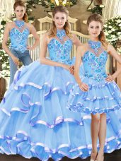 Blue Halter Top Neckline Embroidery and Ruffled Layers Quinceanera Dress Sleeveless Lace Up