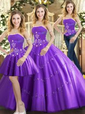 Sleeveless Floor Length Beading Lace Up Sweet 16 Quinceanera Dress with Purple
